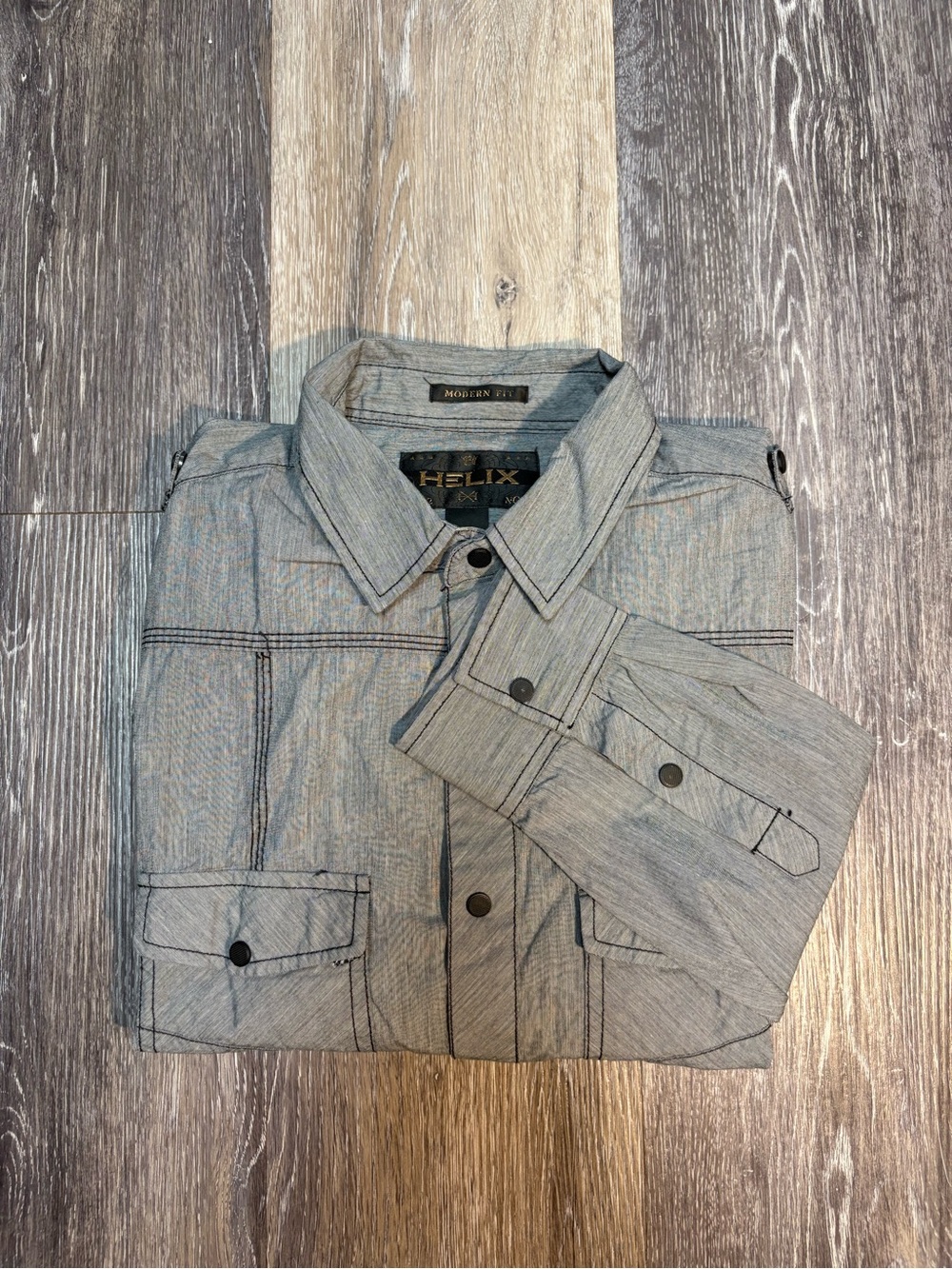 Helix Light Gray Button-Front Shirt. Casual fit; 100% Cotton; Chic, Preppy